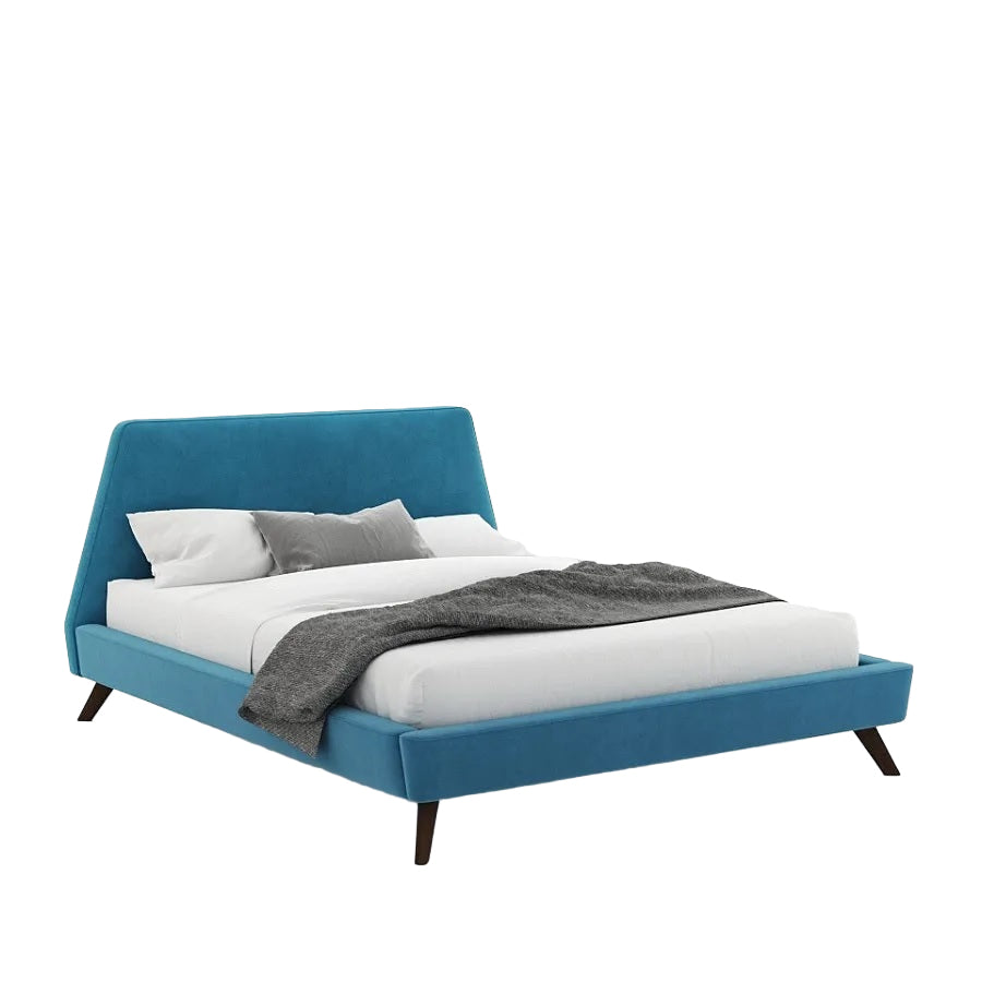 Oscar Bed with Blue Upholstered Headboard and Mid-Century Wooden Legs