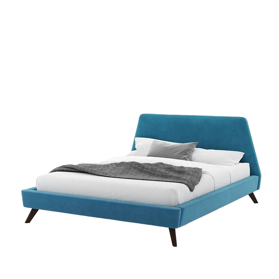Oscar Bed with Blue Upholstered Headboard and Mid-Century Wooden Legs