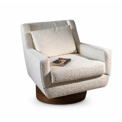 Gravity Boucle-Sessel – Weißer strukturierter Loungesessel mit Holzsockel