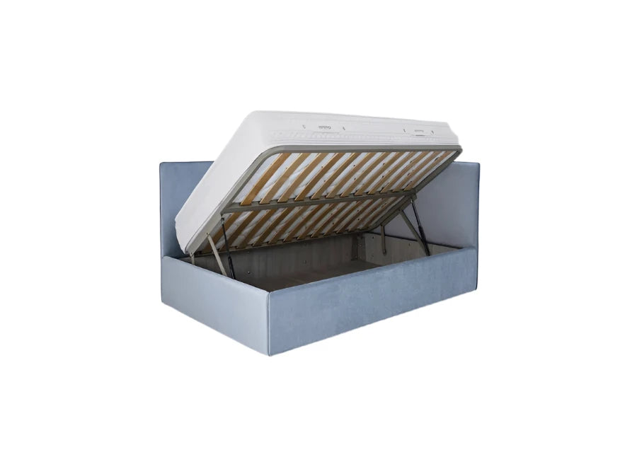 Modern Vivi platform bed in bold blue fabric