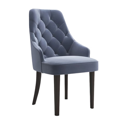 Giacomo dining chair with blue tufted back and dark wood legs