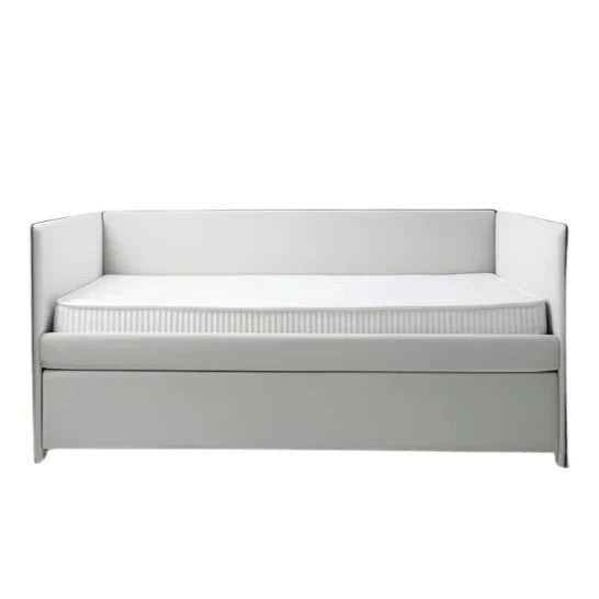 Mea bed with low frame and soft edge detailing