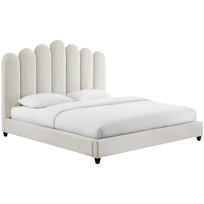 Upholstered bed in light fabric with vertical rounded headboard segments