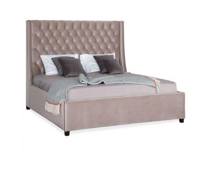 Emerald Beige Double Bed with Tufted High Headboard and Upholstered Frame
