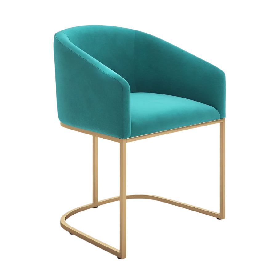 Modern chair with gold metal frame and teal fabric seat