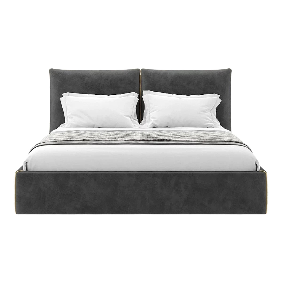 The Ariel bed features a sleek frame and a softly curved headboard.

