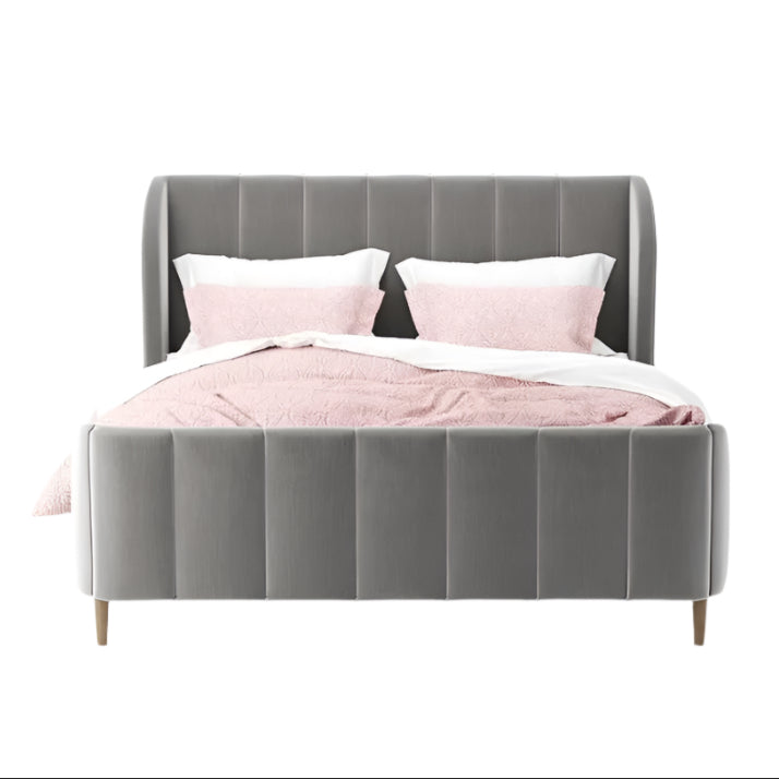Stefania double bed with grey panel headboard, pink blanket, and white pillows