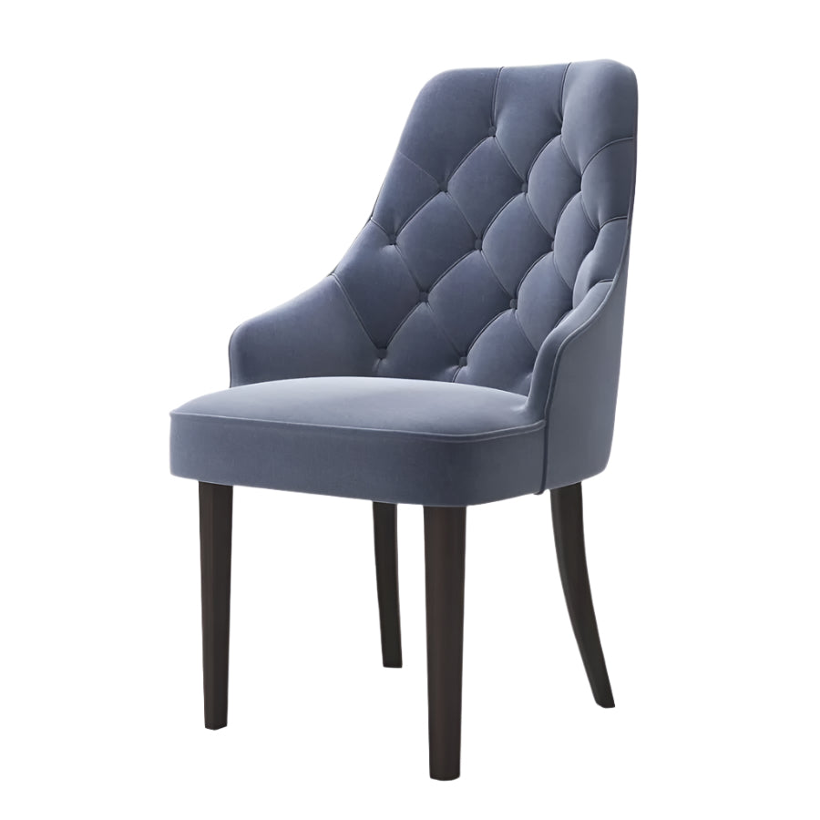 Upholstered dining seat in blue fabric with elegant tufting