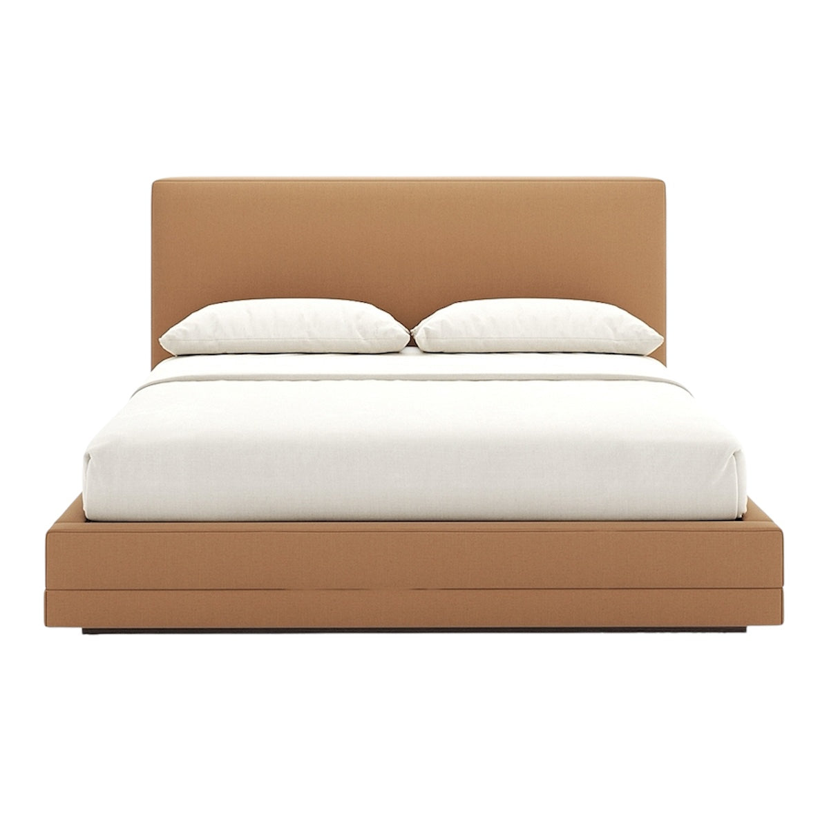 Grace Bed with Tan Upholstered Headboard and Minimalist White Bedding
