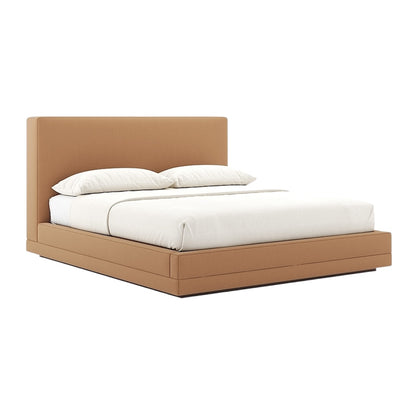 Grace Bed with Tan Upholstered Headboard and Minimalist White Bedding