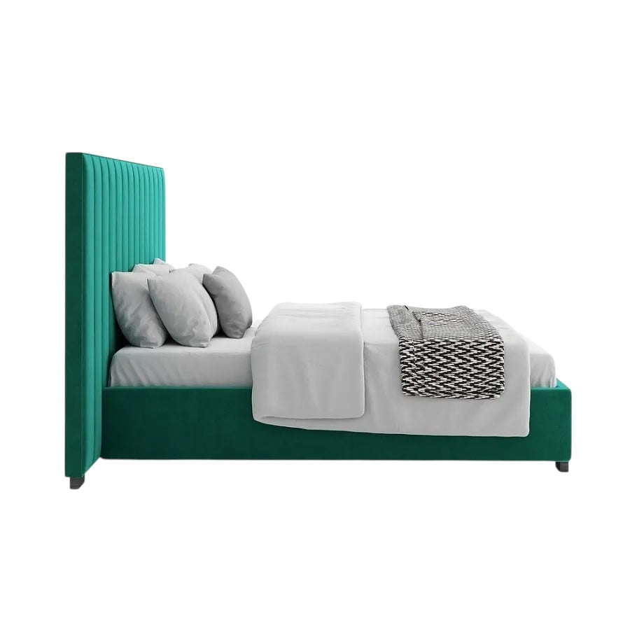 Harald Vertical Headboard Bed in Rich Green Upholstery