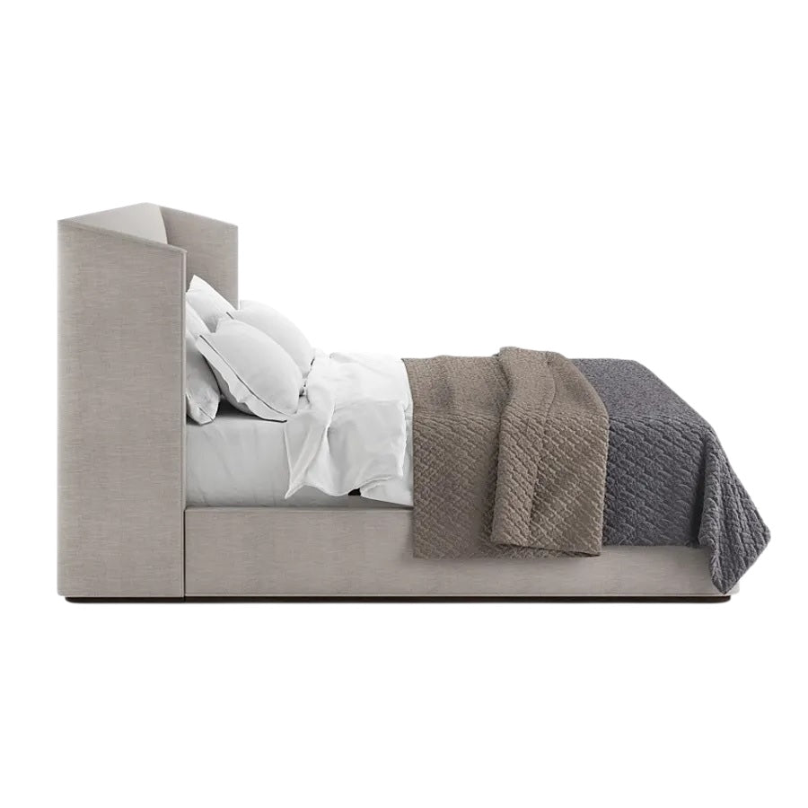 Luna High Headboard Bed in Beige Upholstery with Angled Sides