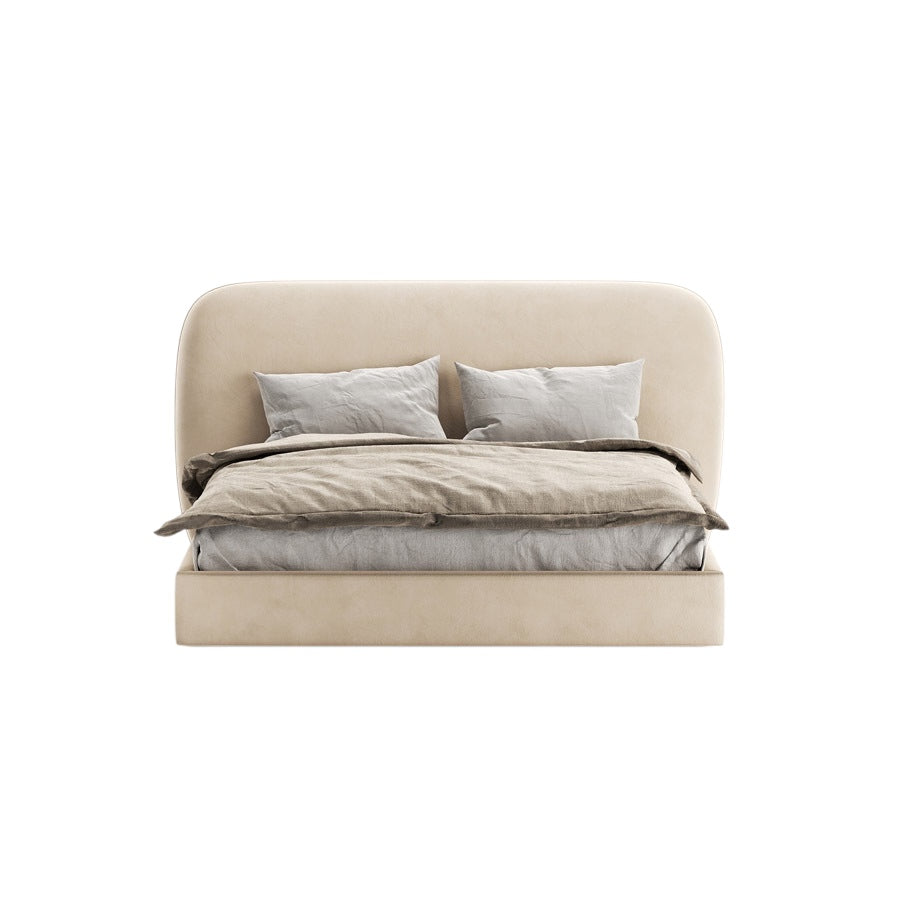 Tulip Double Bed with Rounded Upholstered Headboard in Beige Fabric