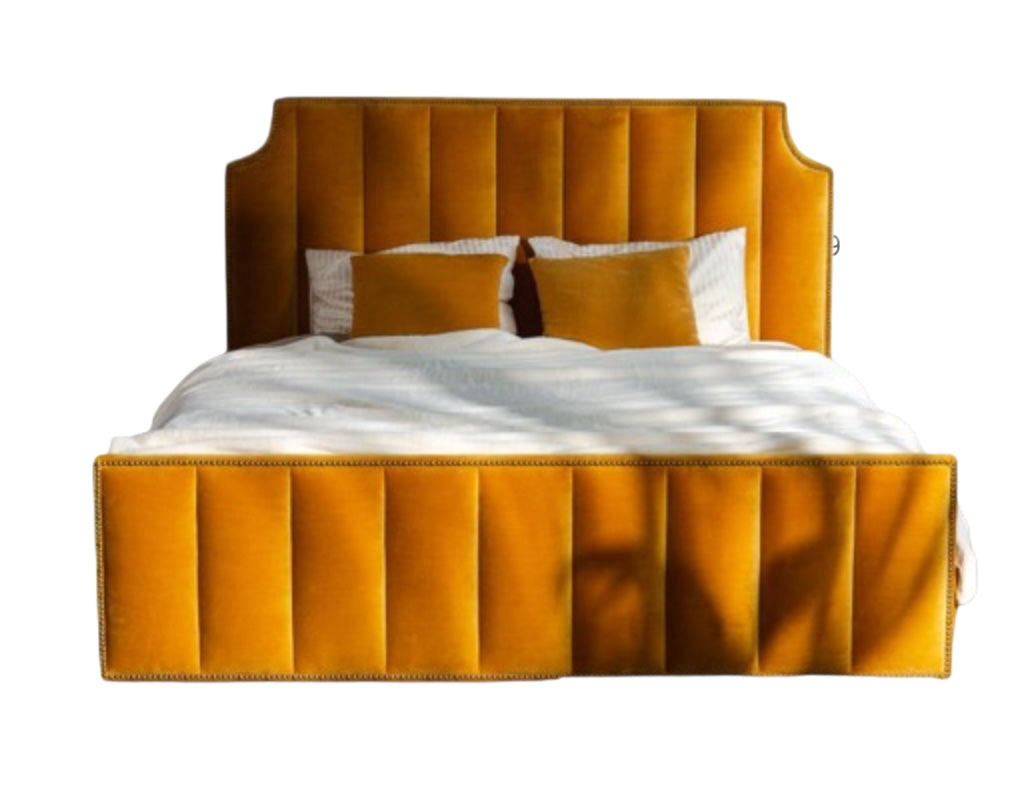 Sage Double Bed with Mustard Upholstery