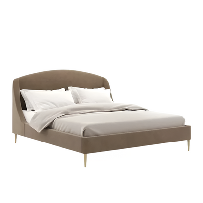 Amelie bed with a rounded headboard adorned with fabric detailing.