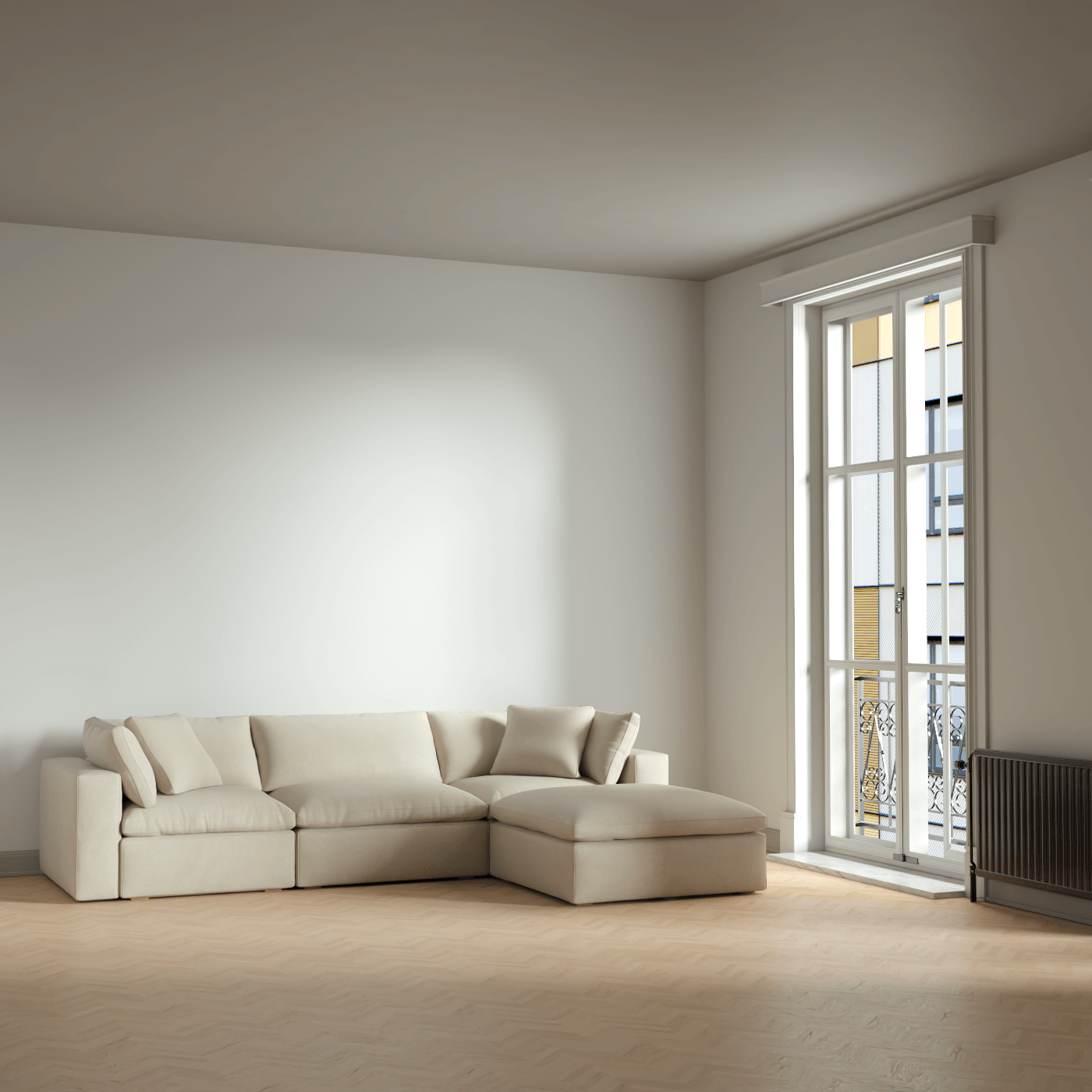 Canapé d'angle modulaire trois places Ari avec personnalisation complète du tissu