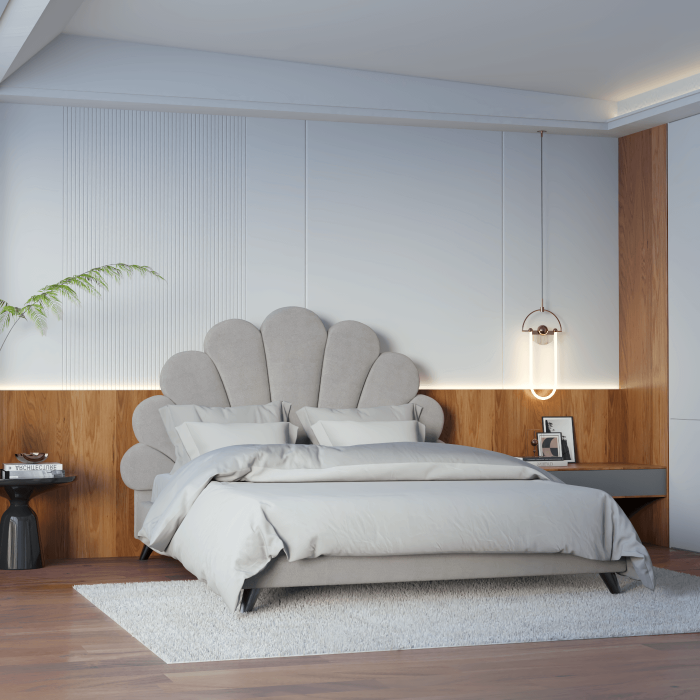 Evelina Curved Headboard Bed in Soft Upholstery