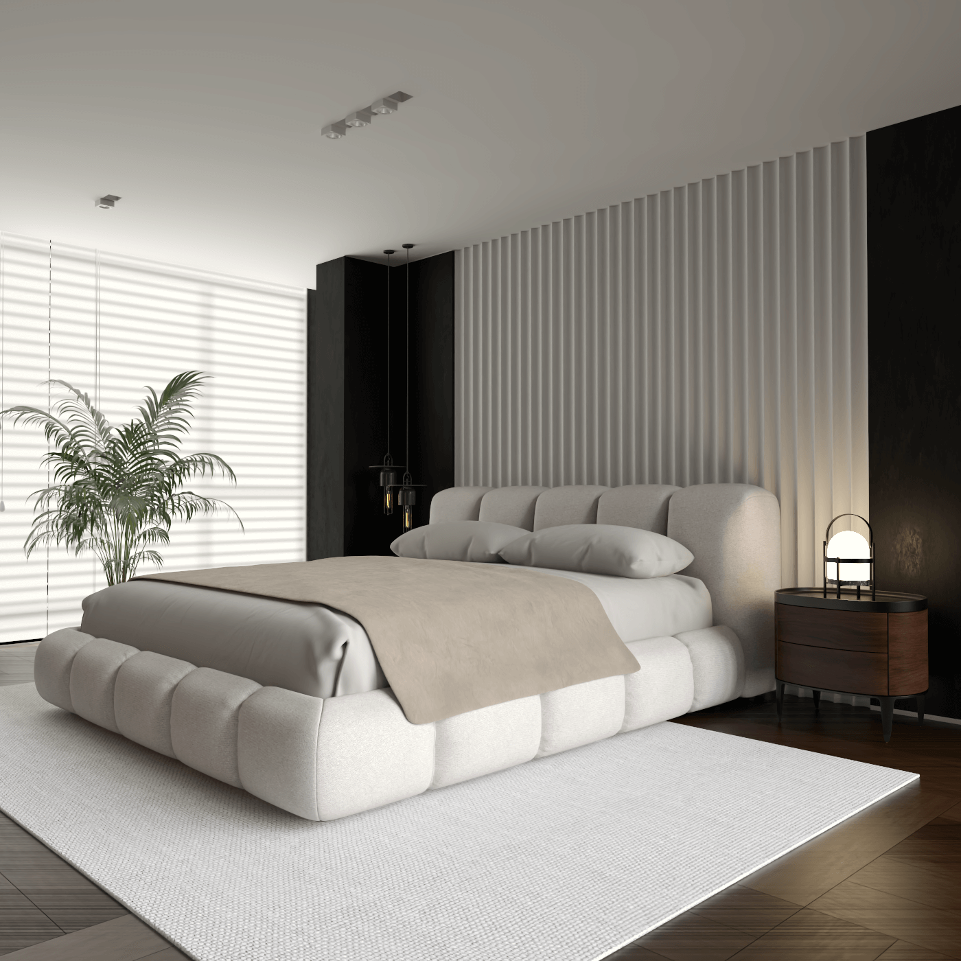 Fluffy Upholstered Bed Frame in Textured Bouclé