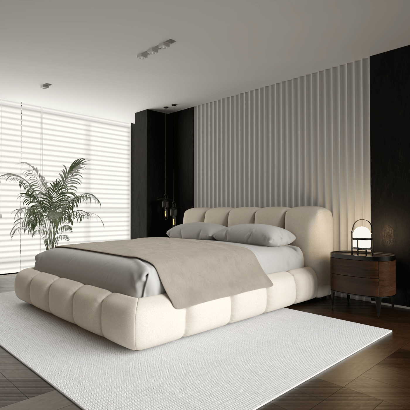 Fluffy Upholstered Bed Frame in Textured Bouclé