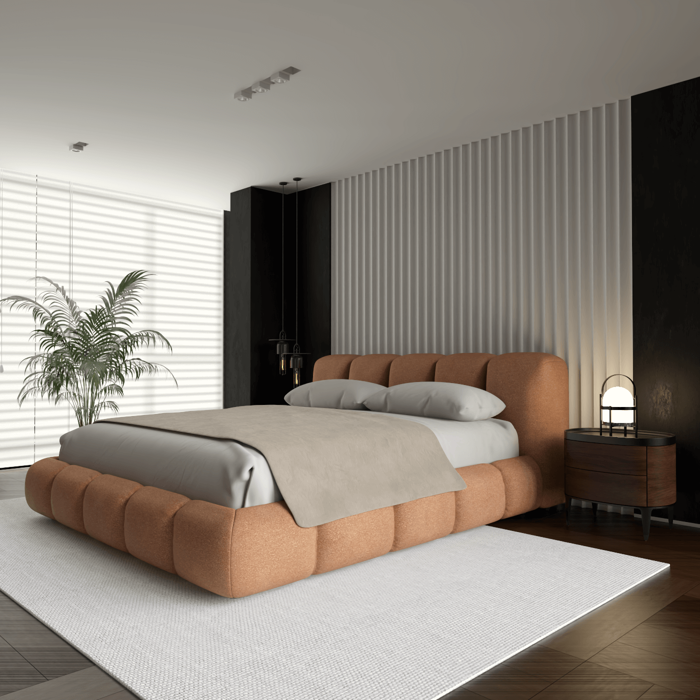 Fluffy Upholstered Bed Frame in Textured Bouclé