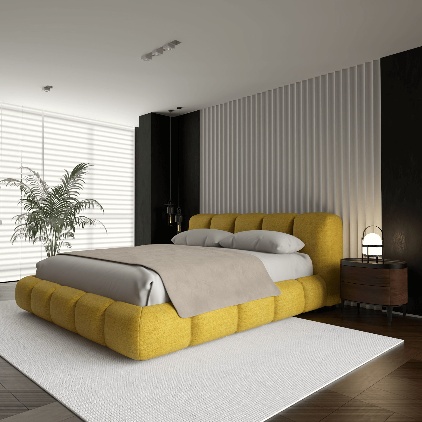 Fluffy Upholstered Bed Frame in Textured Bouclé