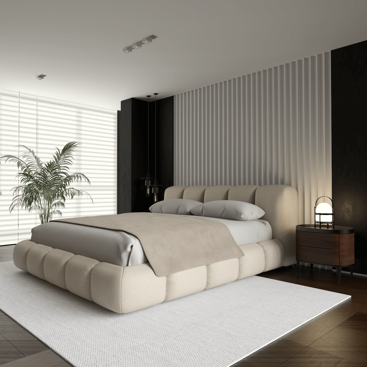 Fluffy Upholstered Bed Frame in Textured Bouclé
