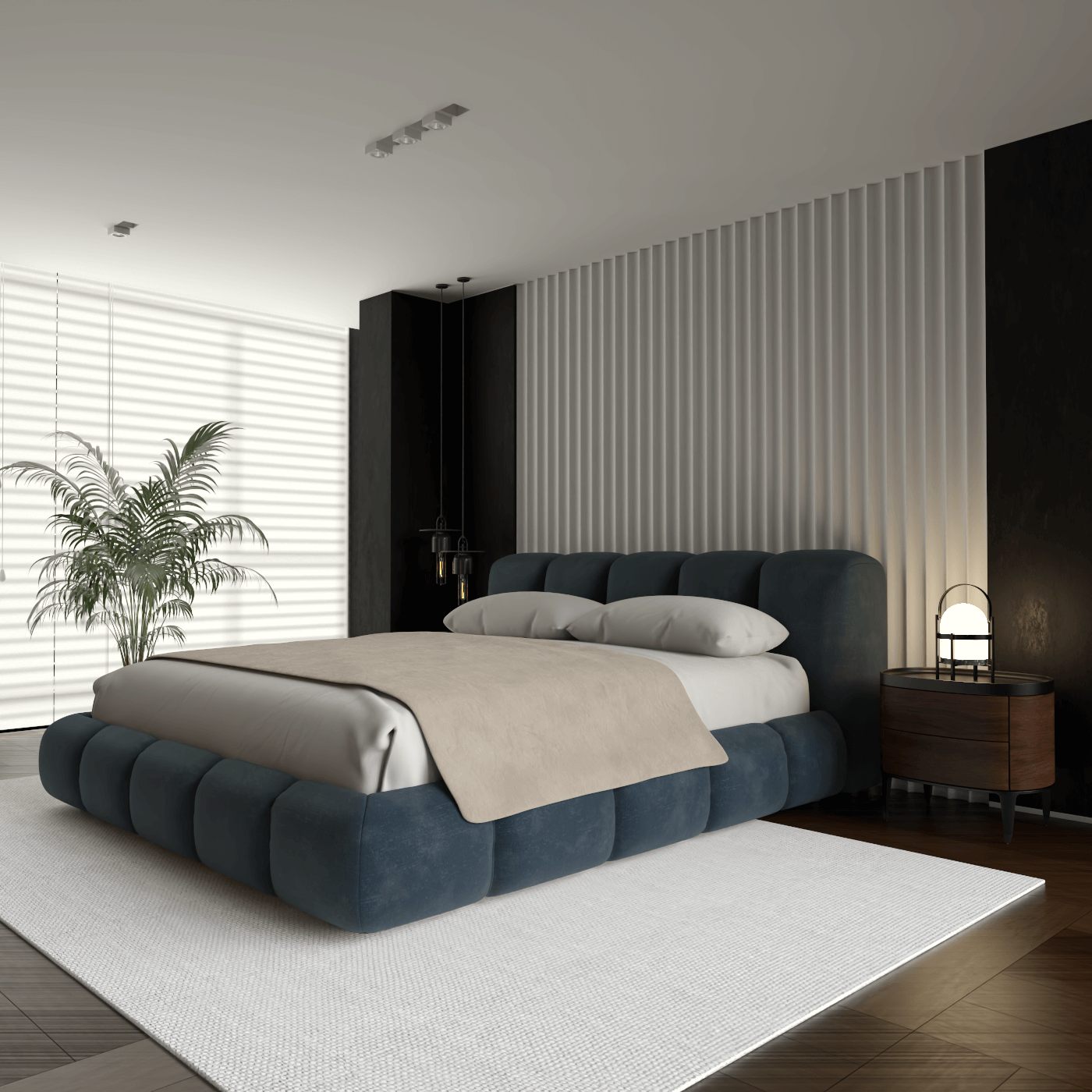 Fluffy Upholstered Bed Frame in Textured Bouclé