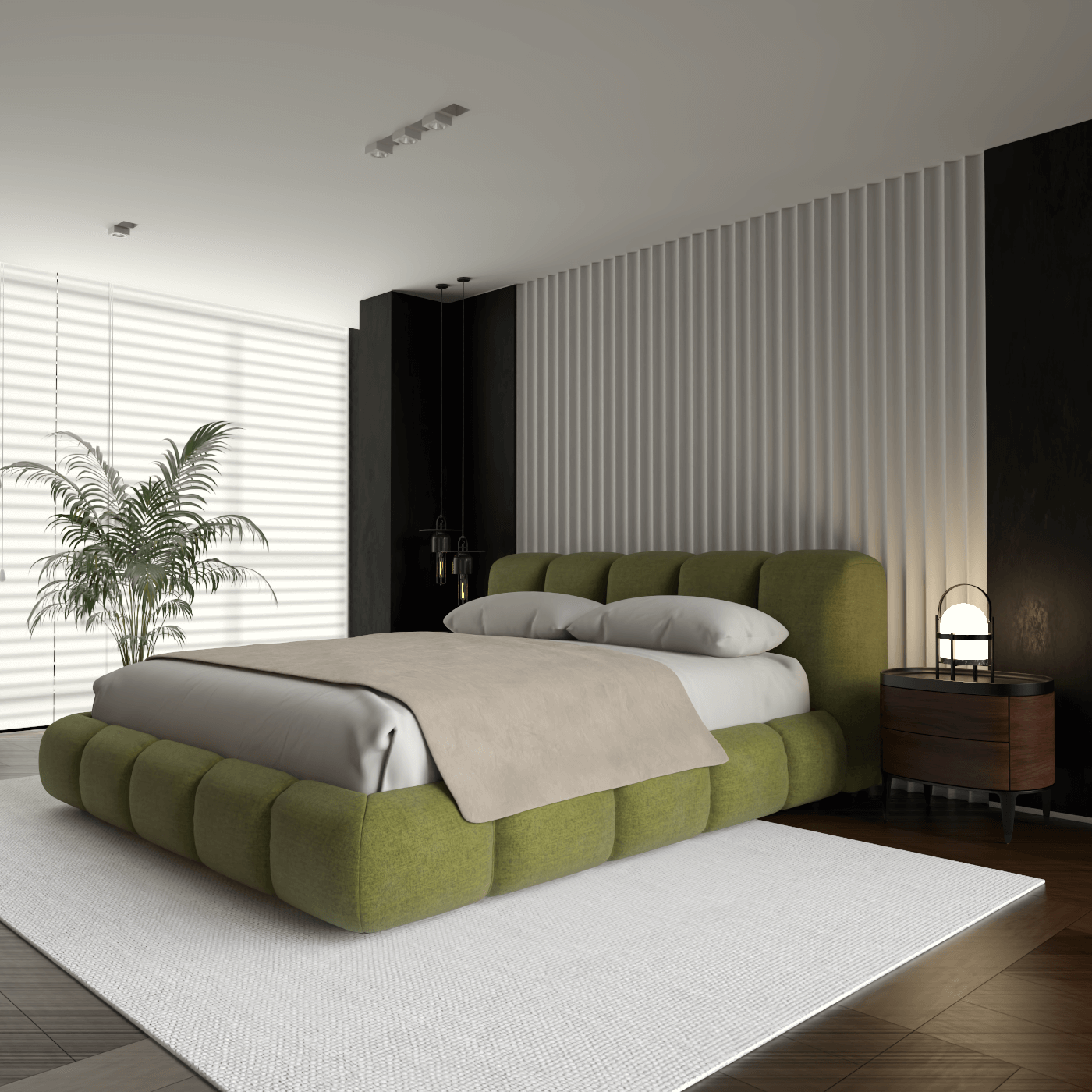 Fluffy Upholstered Bed Frame in Textured Bouclé