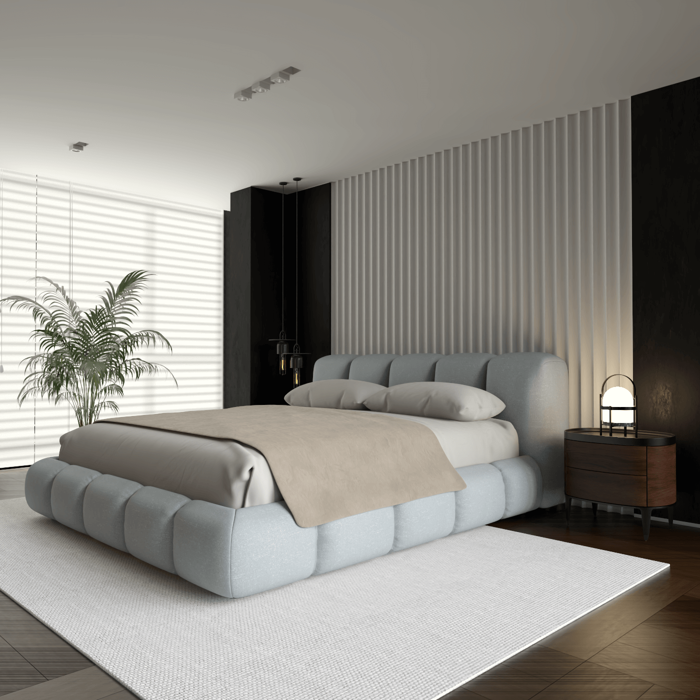 Fluffy Upholstered Bed Frame in Textured Bouclé