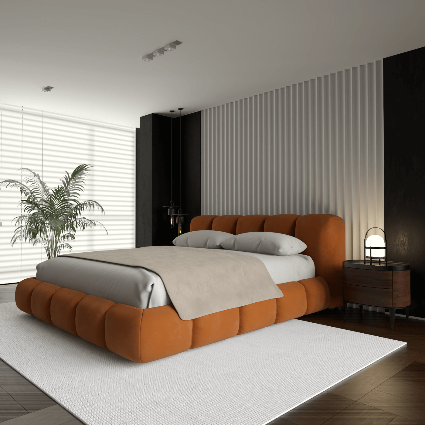 Fluffy Upholstered Bed Frame in Textured Bouclé