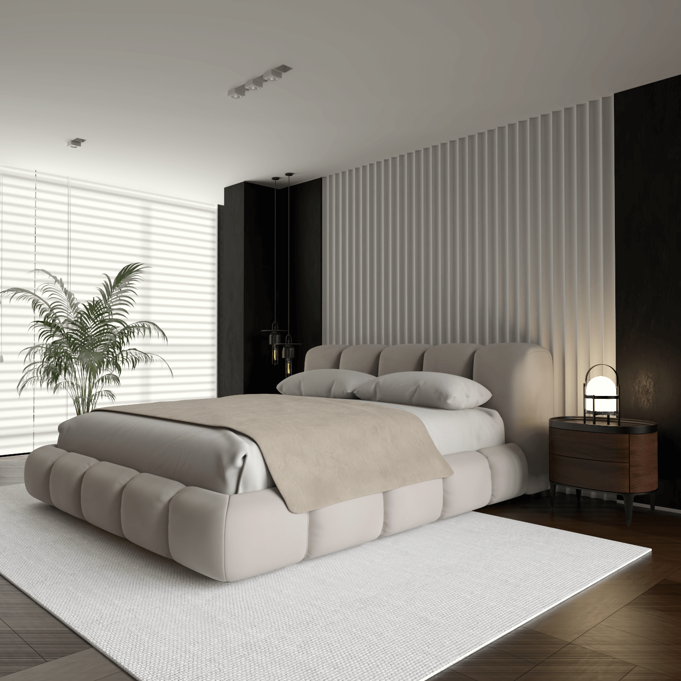 Fluffy Upholstered Bed Frame in Textured Bouclé