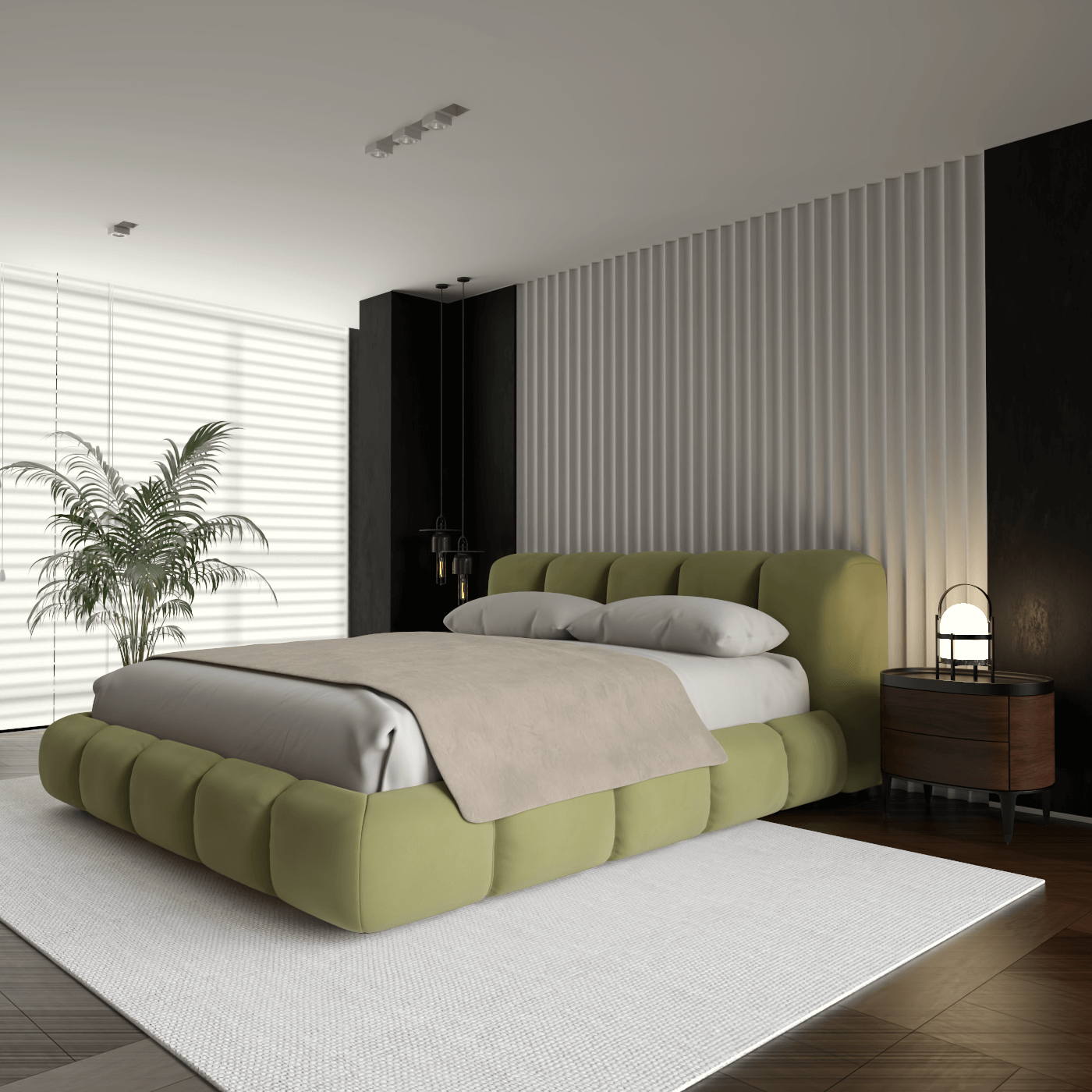 Fluffy Upholstered Bed Frame in Textured Bouclé